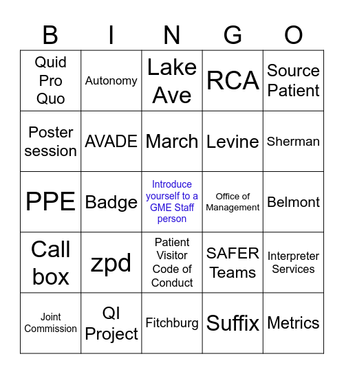 GME Orientation 2023 Bingo Card
