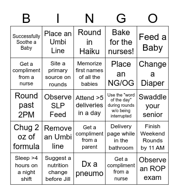 NICU Bingo Card