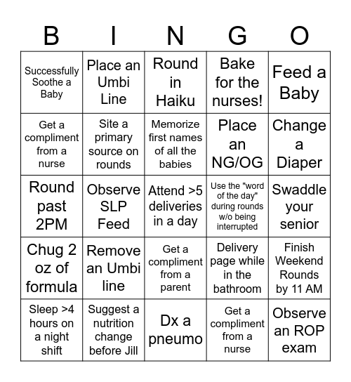NICU Bingo Card
