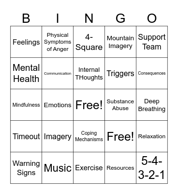 Anger and Stress Bingo Card