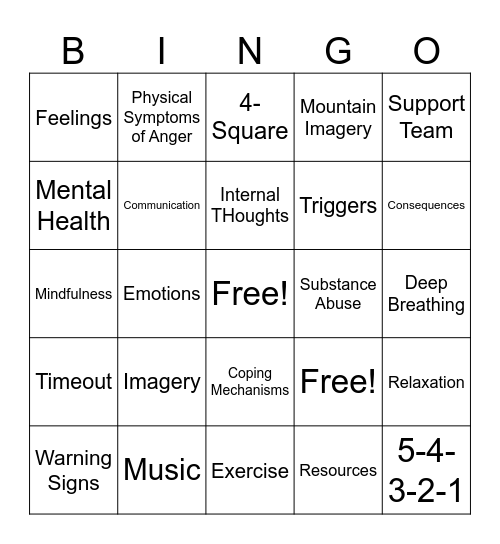 Anger and Stress Bingo Card