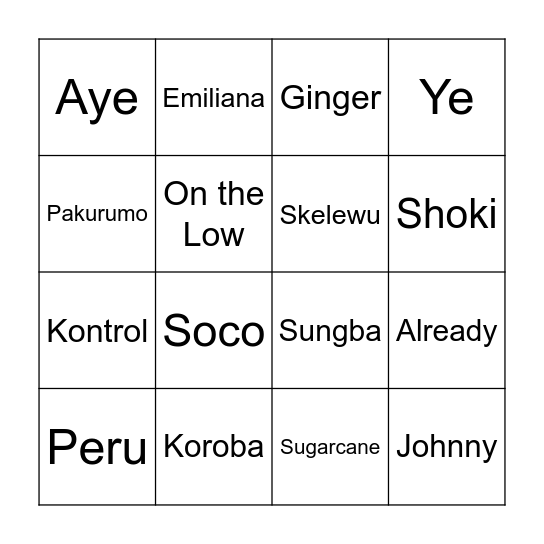 Afrobeats Bingo Card