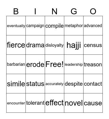 Vocab Review Week 5 Bingo Card