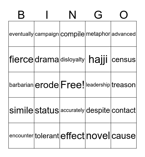 Vocab Review Week 5 Bingo Card