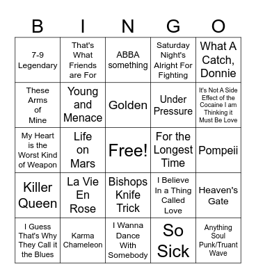 Patrick Piano Songs Bingo Card