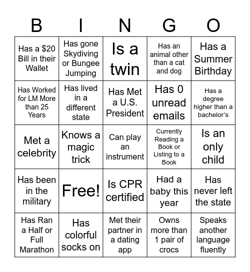 Mingle BINGO Card