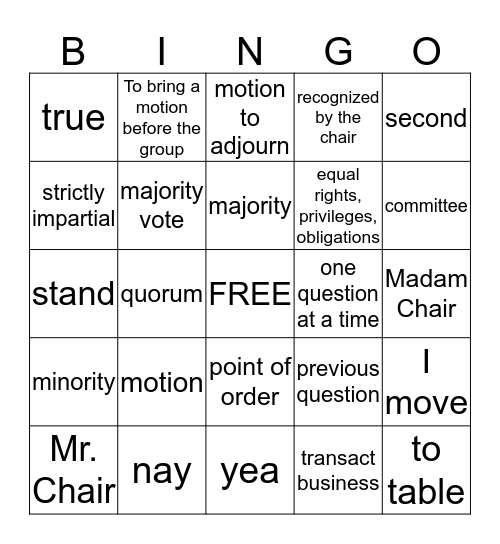 Parlimentary Principles Bingo Card