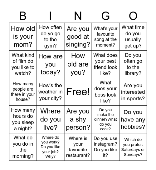 Conversation Review Bingo Card