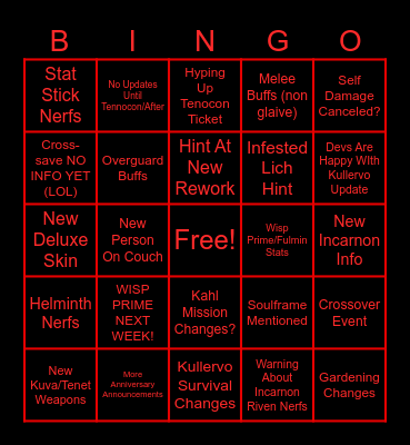 June 2023 Warframe Devstream Bingo Card