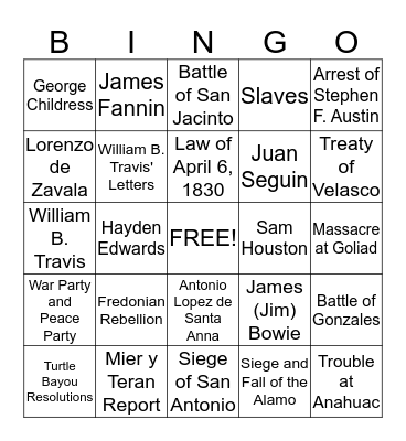 Texas Revolution Bingo Card