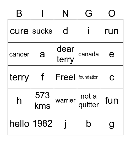 Terry Fox Bingo Card