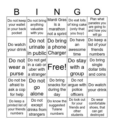 Mardi Gras Do's and Donts Bingo Card