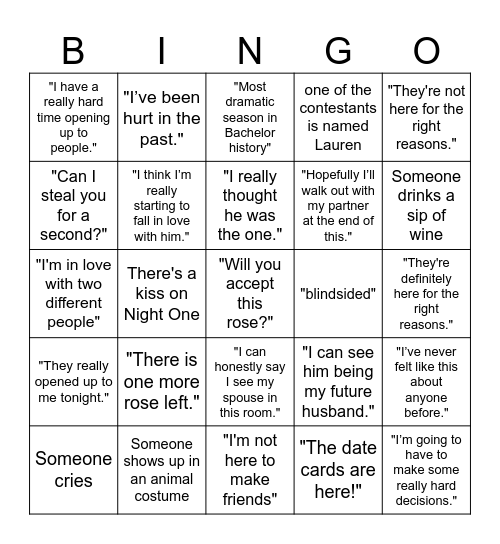 bachelor bingo LET'S GO Bingo Card