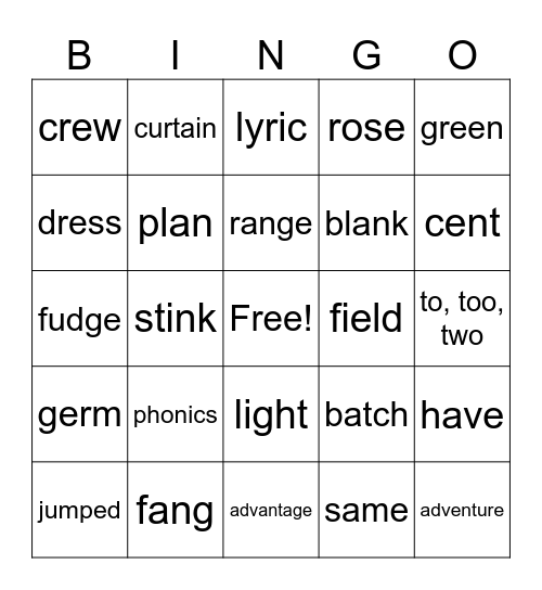 Spelling Rules Bingo Card