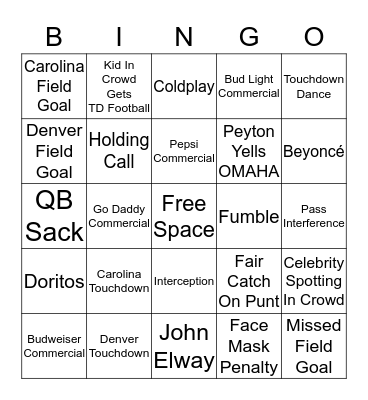 Super Bowl 50 Bingo Card