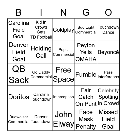 Super Bowl 50 Bingo Card