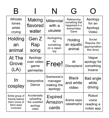 YouTube Apologies Bingo Card
