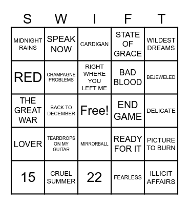 TAYLOR SWIFT SONGS Bingo Card