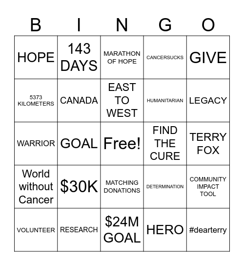 TERRY FOX BINGO 2023 Bingo Card