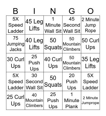 Fitness Bingo Card