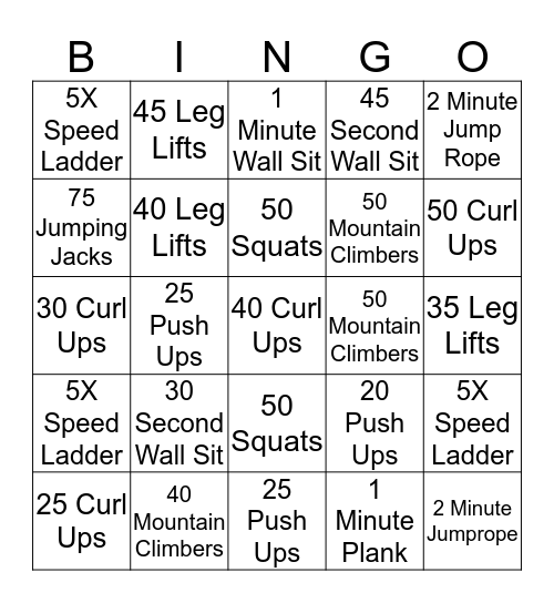 Fitness Bingo Card