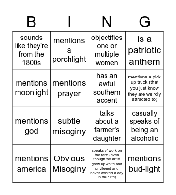 We all HATE country music bingo Card