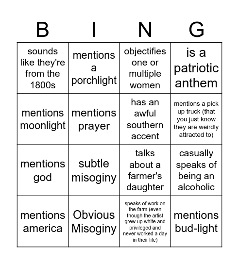 We all HATE country music bingo Card