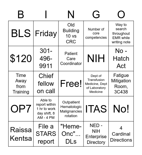 Heme/Onc Fellowship 2023 Bingo Card