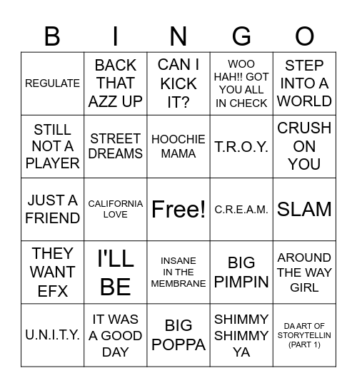 8/21- 90's Rap Bingo Card