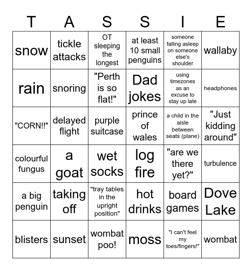 Tasmania Trip Bingo Card