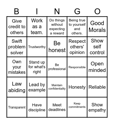 INTEGRITY Bingo Card