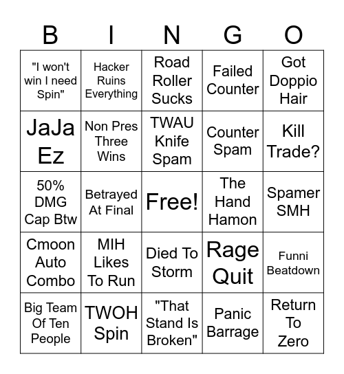 YBA SBR BINGO Card