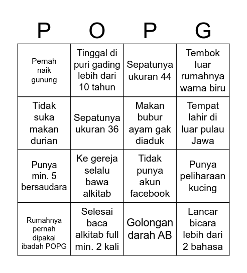 POPG BINGO! Bingo Card