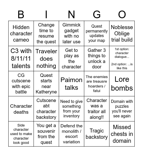 Genshin Impact quests Bingo Card