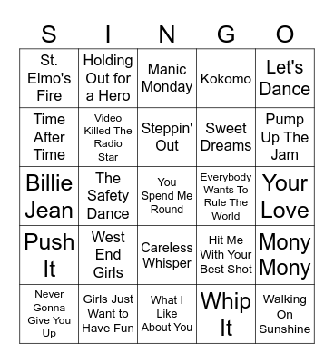 80s Hits Bingo Card