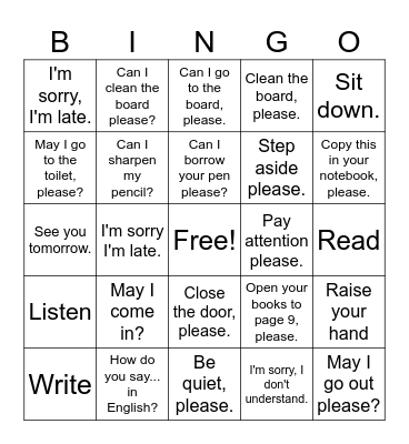 Classroom Language Bingo Card