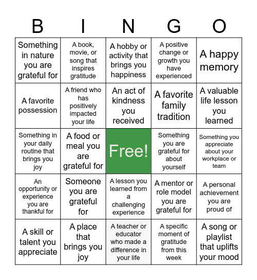 Gratitude Bingo Card