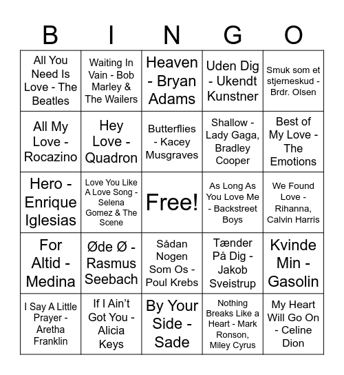 Love Songs <3 Bingo Card