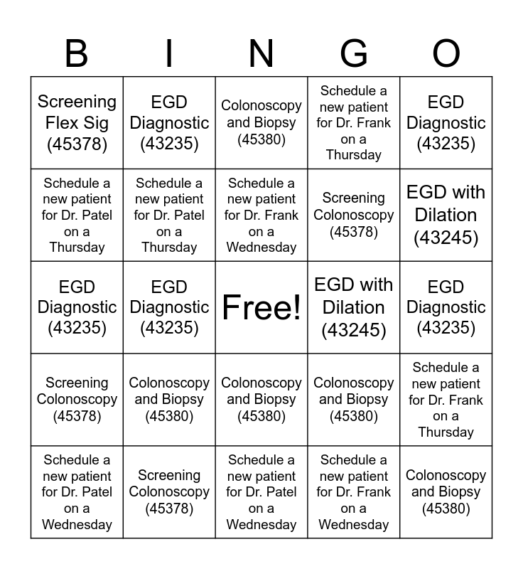 Lab Order Tracking Bingo Card