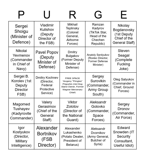 2023 Russian Purge Bingo Card