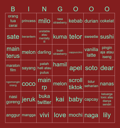 Minky Bingo Card