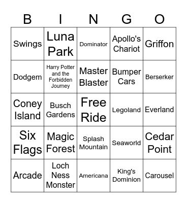Theme Parks Bingo Card