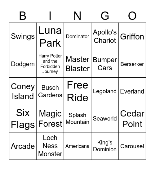 Theme Parks Bingo Card