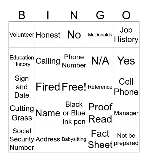 Job Applications Bingo Card