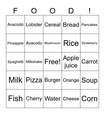 Food Bingo Card