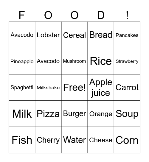 Food Bingo Card