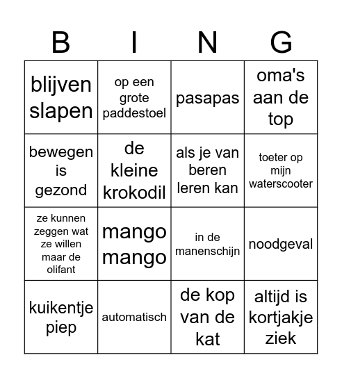 Kinderliedjes bingo MARGOT Bingo Card