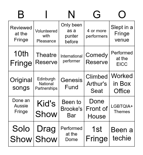 PLEASANCE FRINGE SHOW Bingo Card