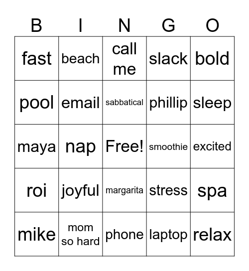 Jess' Sabbatical Bingo Card