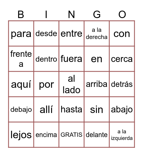 Preposiciones Bingo Card